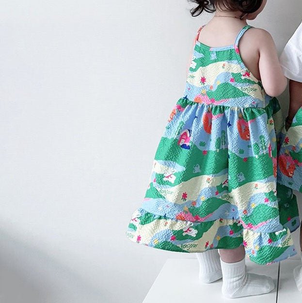 Toddle SS25 Seersucker Spaghetti Strap Ruffle Dress (2 - 6y) - Green kids outfit