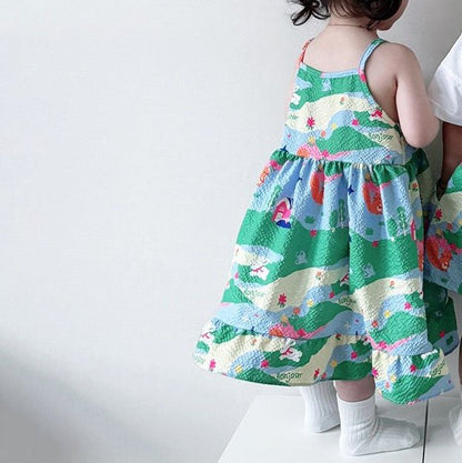 Toddle SS25 Seersucker Spaghetti Strap Ruffle Dress (2 - 6y) - Green kids outfit