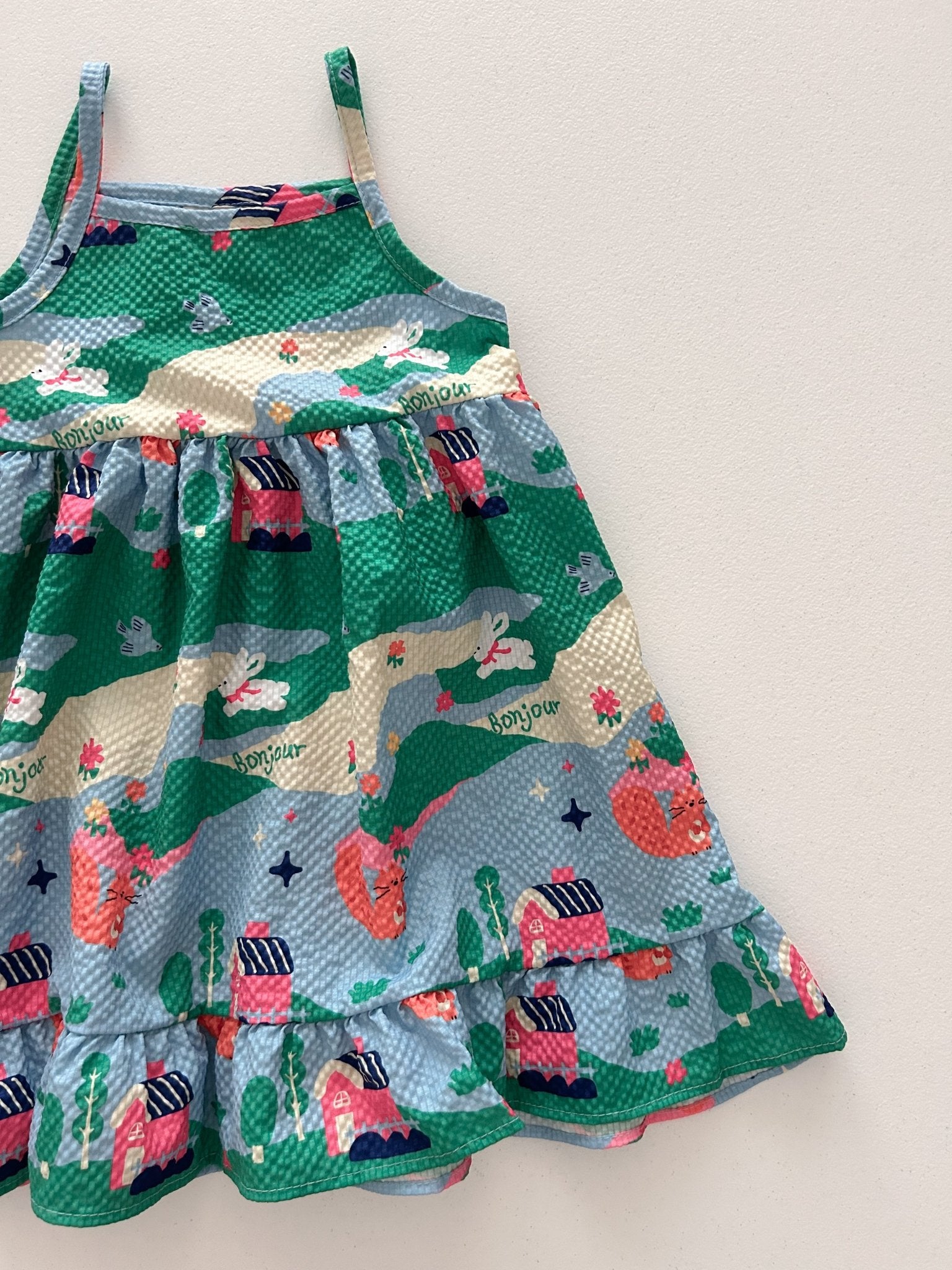 Toddle SS25 Seersucker Spaghetti Strap Ruffle Dress (2 - 6y) - Green kids outfit