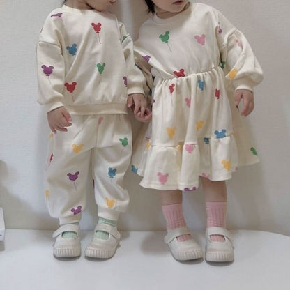 Toddler Balloon Print Long Sleeve Dress (15m - 7y) - Cream kids outfit