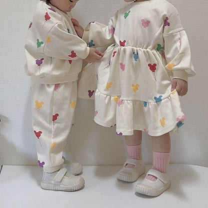 Toddler Balloon Print Long Sleeve Dress (15m - 7y) - Cream kids outfit