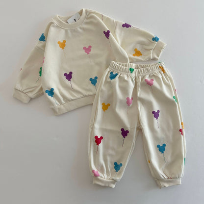Toddler Balloon Print Long Sleeve Sweatshirt and Jogger Pants Set (1 - 6y) - Cream kids outfit