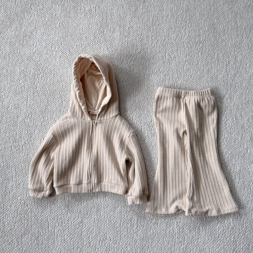 Toddler Bella F25 Ribbed Long Sleeve Zip Up Hoodie and Flare Pants Set (1 - 6y) - 2 Colors kids outfit