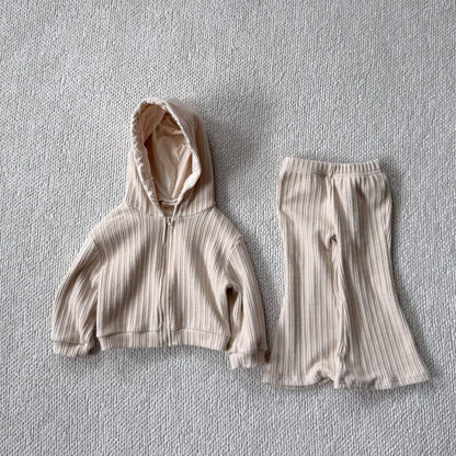 Toddler Bella F25 Ribbed Long Sleeve Zip Up Hoodie and Flare Pants Set (1 - 6y) - 2 Colors kids outfit
