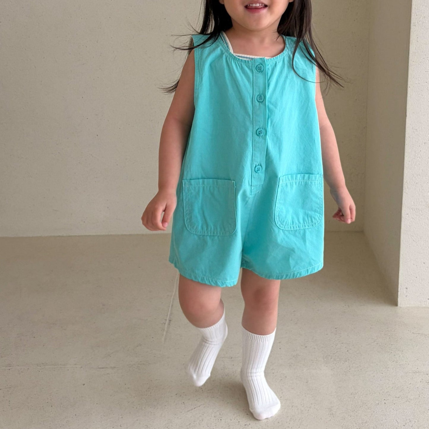 Toddler Bella SS26 Button Front Jumpsuit (1 - 6y) - Aqua Blue kids outfit