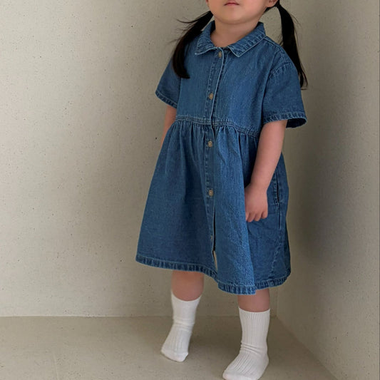Toddler Bella SS26 Point Collar Denim Shirt Dress (1 - 6y) - Denim kids outfit