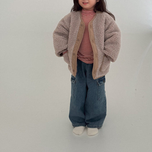 Toddler Bella W25 Sherpa Button Up Jacket (1 - 6y) - Grayish Beige kids outfit