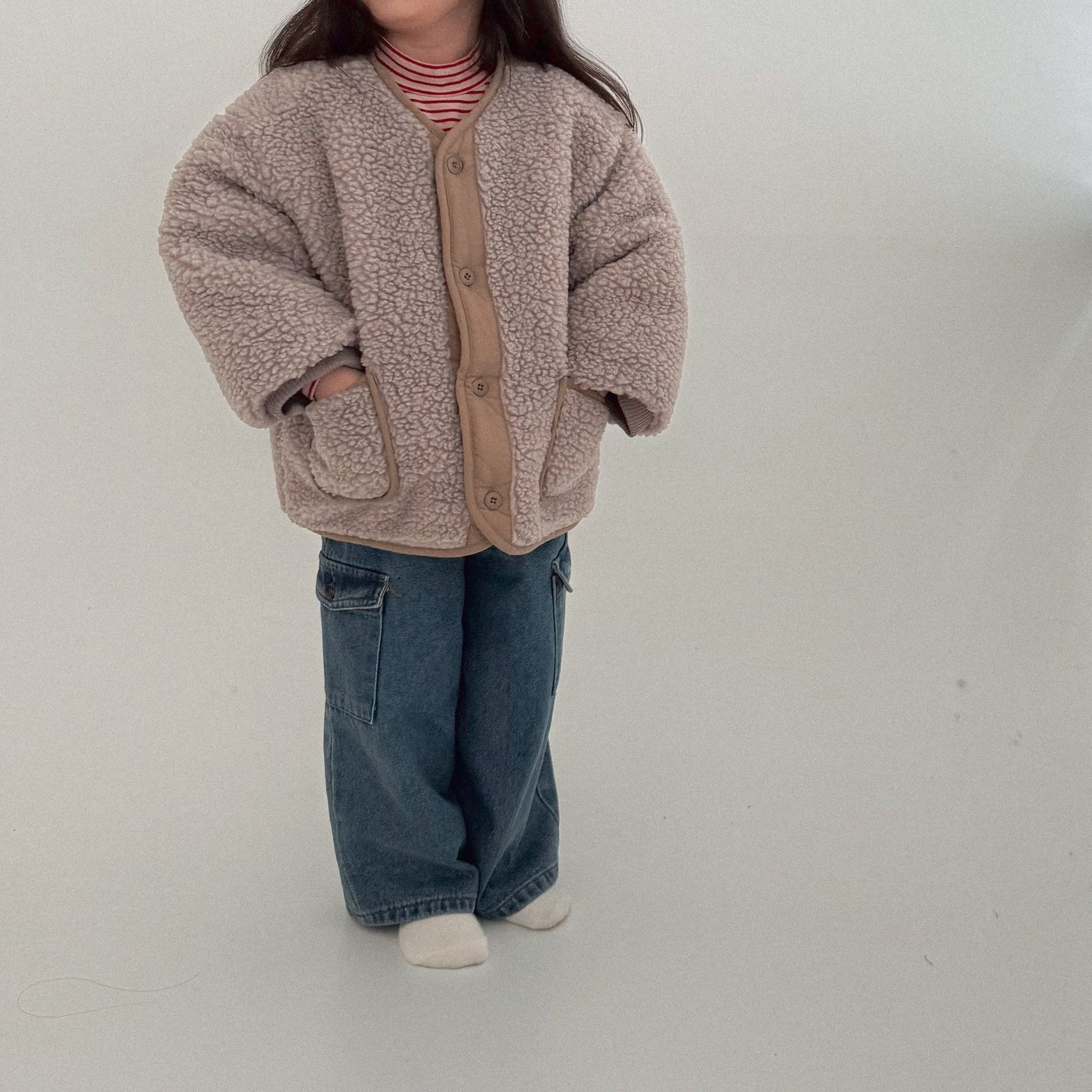 Toddler Bella W25 Sherpa Button Up Jacket (1 - 6y) - Grayish Beige kids outfit