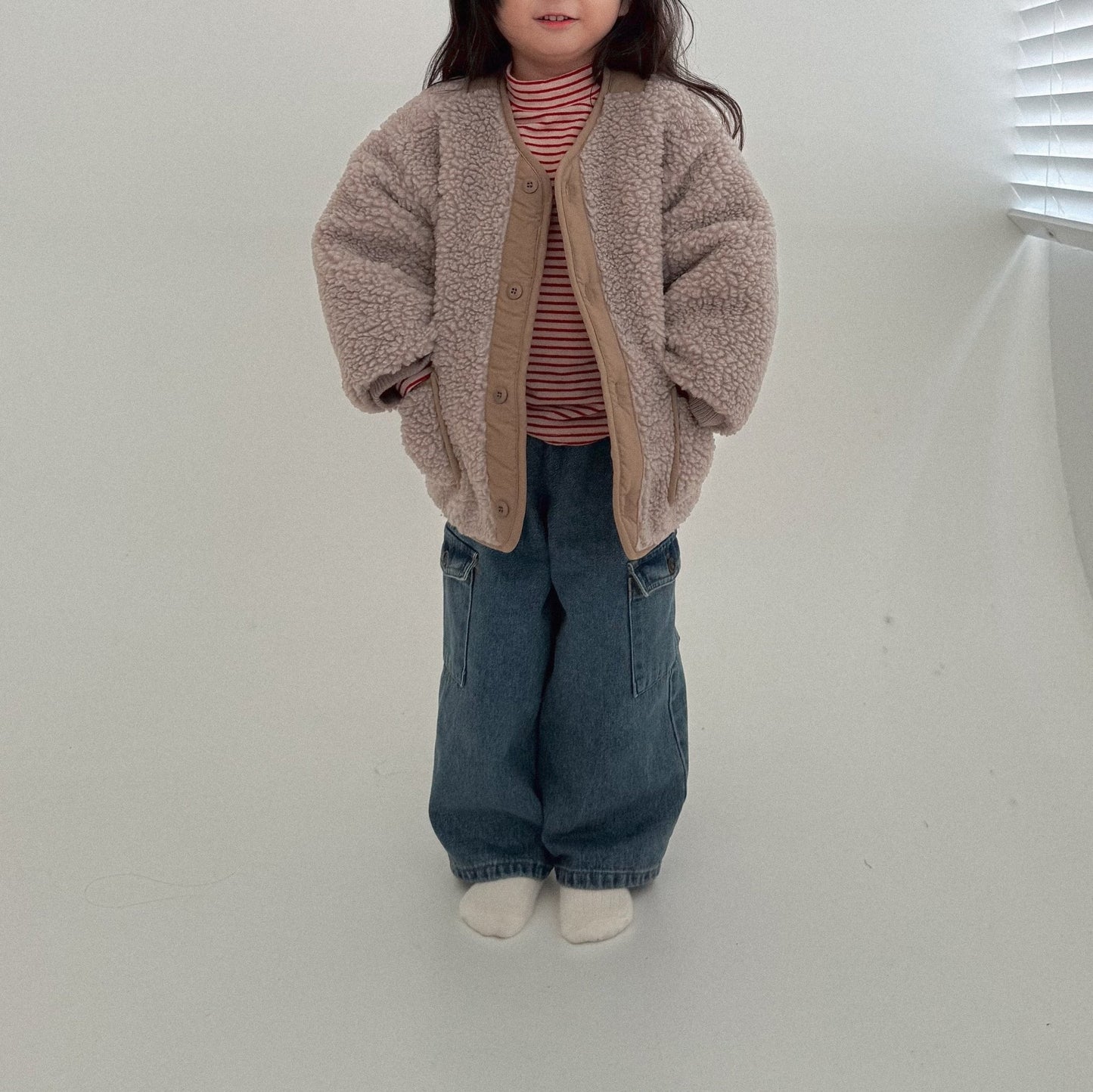 Toddler Bella W25 Sherpa Button Up Jacket (1 - 6y) - Grayish Beige kids outfit