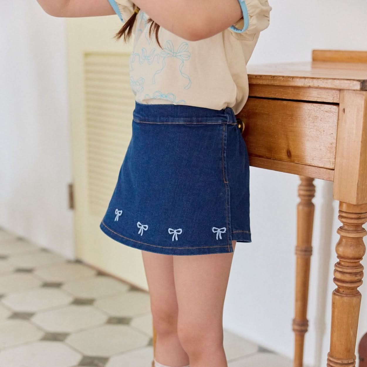 Toddler Bow Embroidery Denim Skirted Shorts (1 - 5y) - Dark denim kids outfit