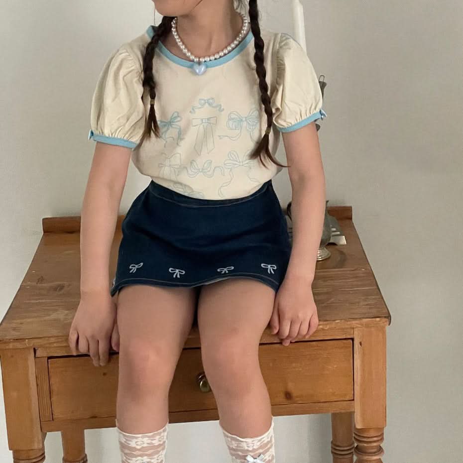Toddler Bow Embroidery Denim Skirted Shorts (1 - 5y) - Dark denim kids outfit