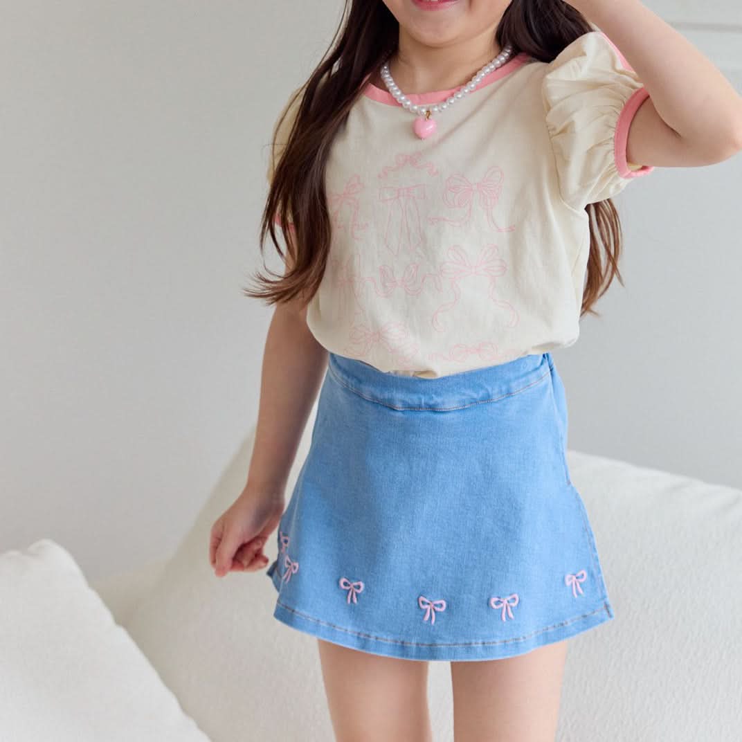 Toddler Bow Embroidery Denim Skirted Shorts (1 - 5y) - Light denim kids outfit