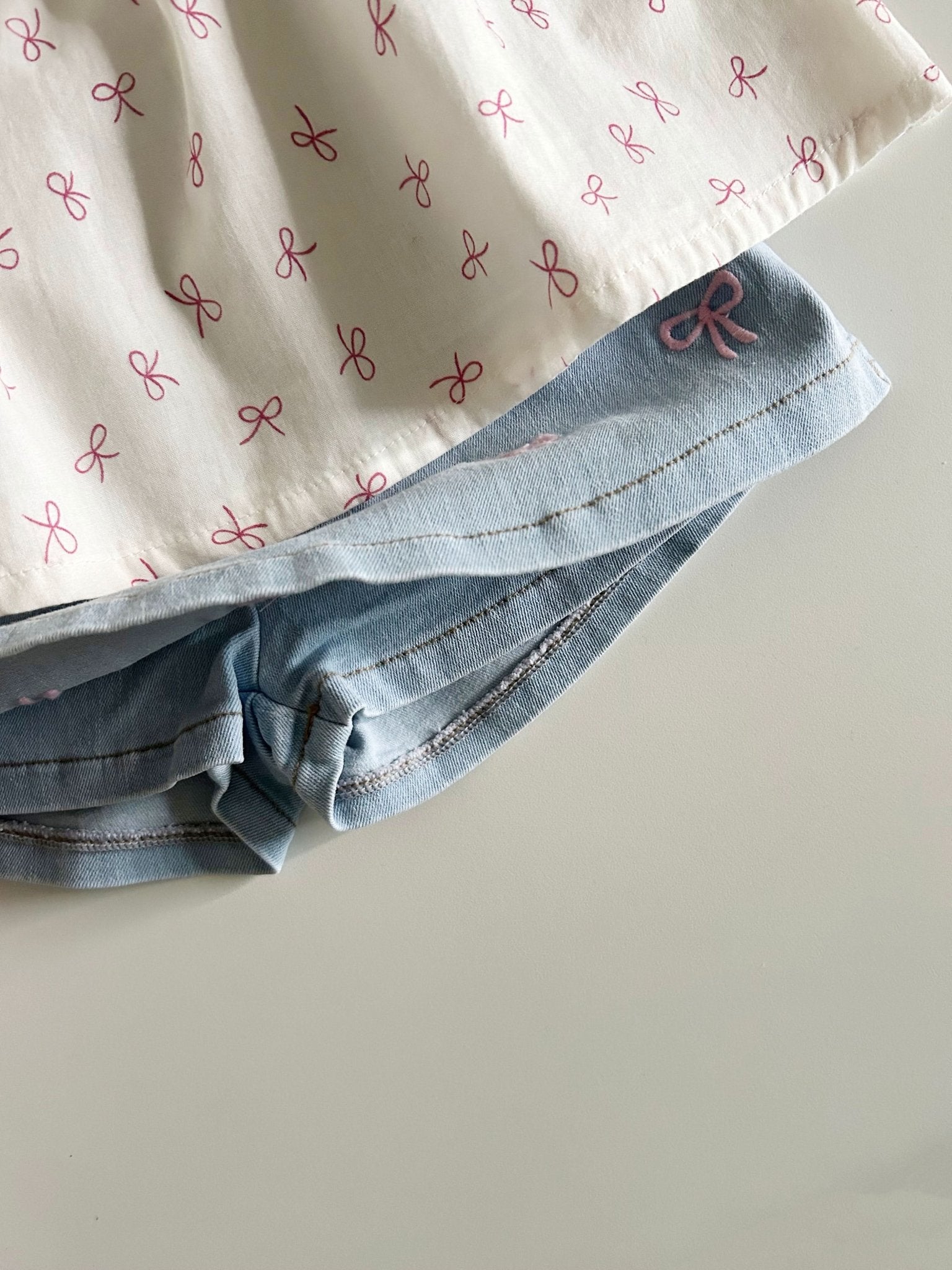 Toddler Bow Embroidery Denim Skirted Shorts (1 - 5y) - Light denim kids outfit