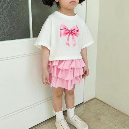 Toddler Bow Print Short Sleeve Cropped Top (1 - 7y) - 2 Colors kids outfit