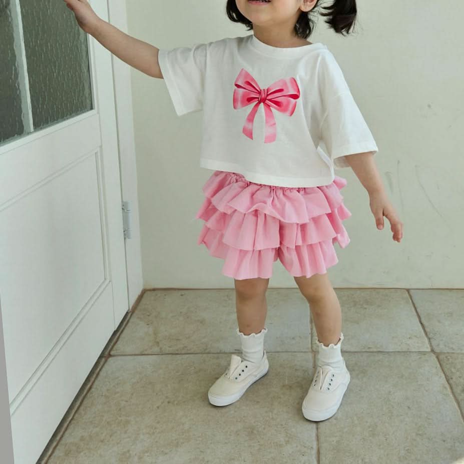 Toddler Bow Print Short Sleeve Cropped Top (1 - 7y) - 2 Colors kids outfit