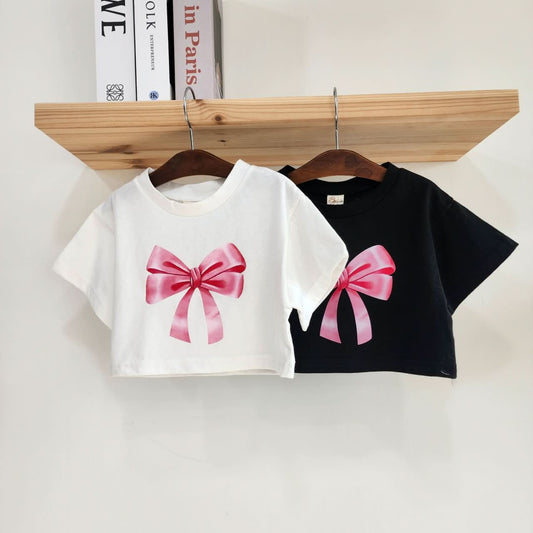 Toddler Bow Print Short Sleeve Cropped Top (1 - 7y) - 2 Colors kids outfit