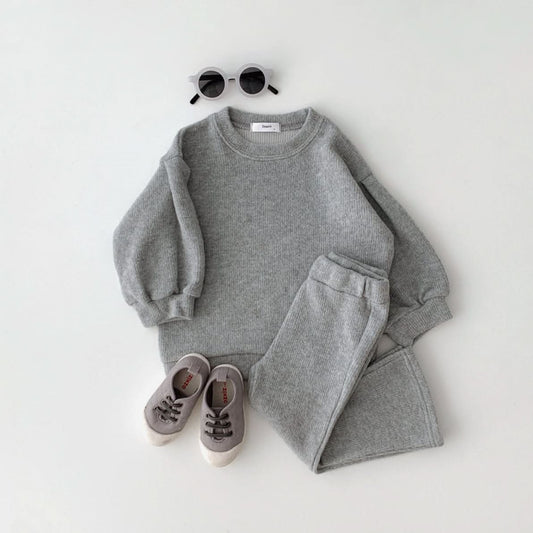 Toddler Brushed Fabric Puff Sleeve Sweatshirt and Flare Pants Set (2 - 6y) - Heather Grey kids outfit