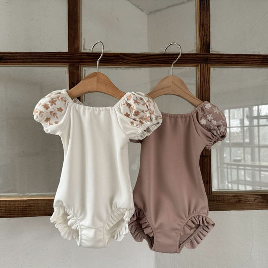 Toddler Coco Floral Embroidery Puff Sleeve One - Piece Swimsuit (1 - 6y) - 2 Colors kids outfit