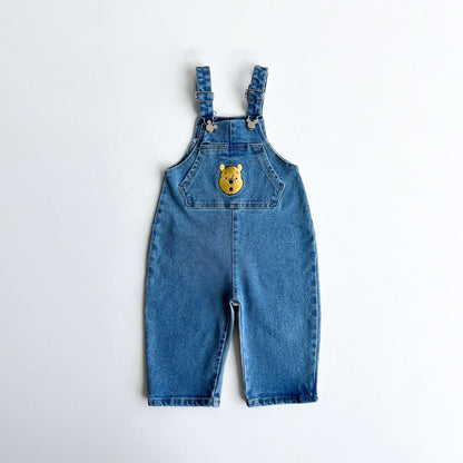 Toddler Disney Mickey and Pooh Face Embroidery Kangaroo Pocket Denim Overalls (2 - 7y) - 2 Colors kids outfit
