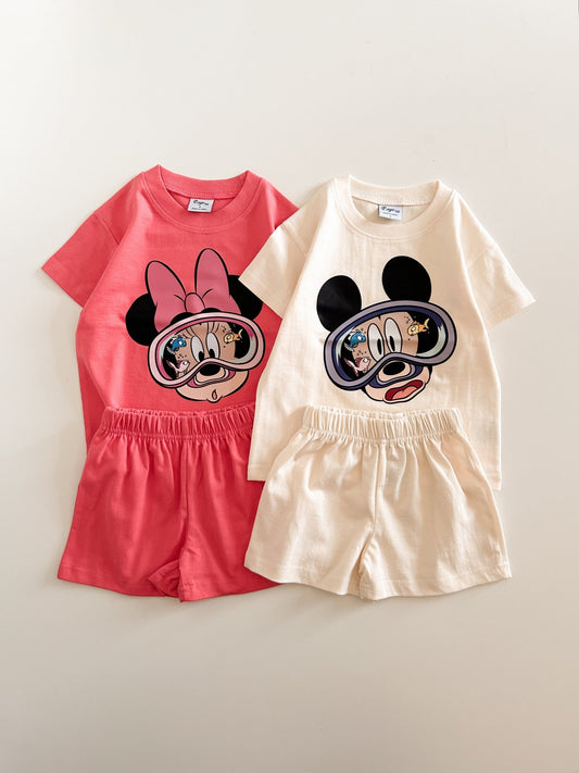 Toddler Disney Mickey/Minnie Goggle Cotton Short Sleeve Top and Shorts Set (2 - 7y) - 4 Colors kids outfit