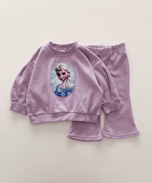 Toddler Elsa Patch Puff Long SleeveSweatshirt and Flare Pants Set (1 - 6y) - Lilac kids outfit