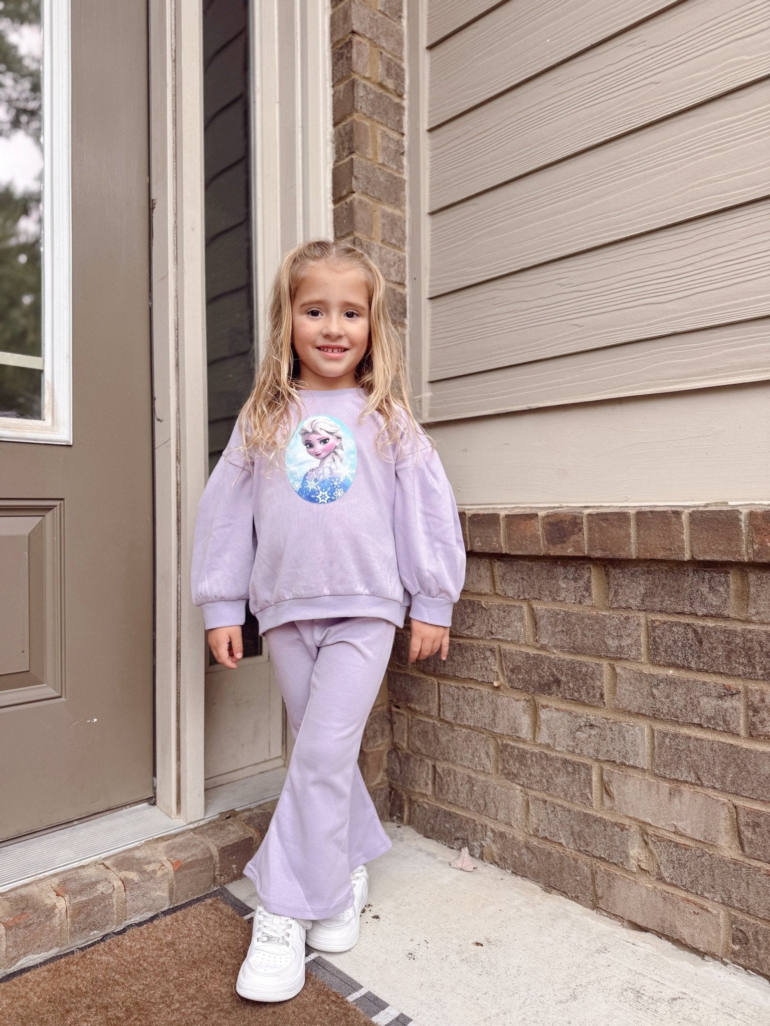Toddler Elsa Patch Puff Long SleeveSweatshirt and Flare Pants Set (1 - 6y) - Lilac kids outfit
