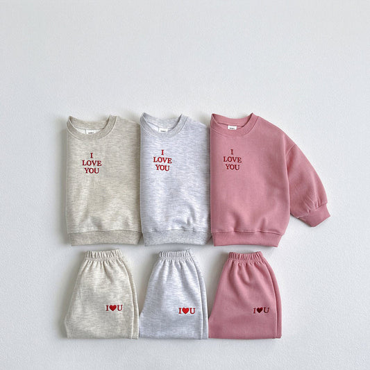 Toddler F25 I LOVE YOU Embroidery Long Sleeve Top and Jogger Pants Set (1 - 6y) - 3 Colors kids outfit