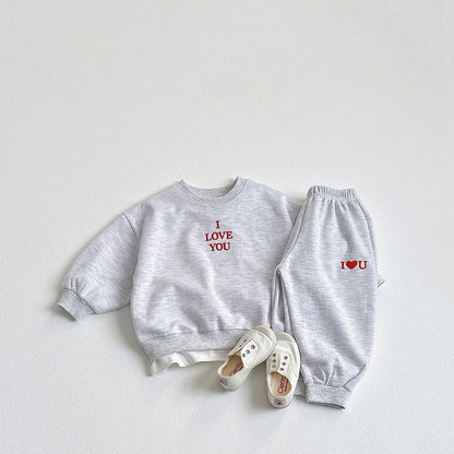 Toddler F25 I LOVE YOU Embroidery Long Sleeve Top and Jogger Pants Set (1 - 6y) - 3 Colors kids outfit