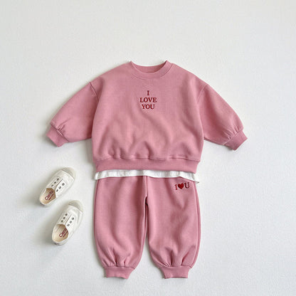 Toddler F25 I LOVE YOU Embroidery Long Sleeve Top and Jogger Pants Set (1 - 6y) - 3 Colors kids outfit