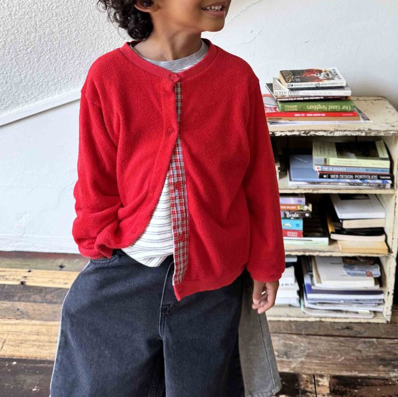 Toddler F25 Plaid Placket Terry Cloth Long Sleeve Cardigan (3 - 7y) - 2 Colors kids outfit