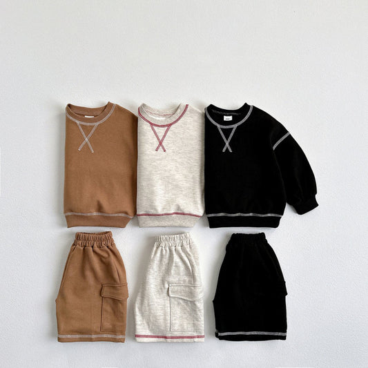 Toddler F25 Stitch Detail Long Sleeve Top and Shorts Set (1 - 6y) - 3 Colors kids outfit