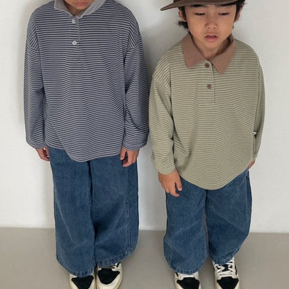 Toddler F25 Striped Contrast Collar Long Sleeve Top (3 - 7y) - 2 Colors kids outfit
