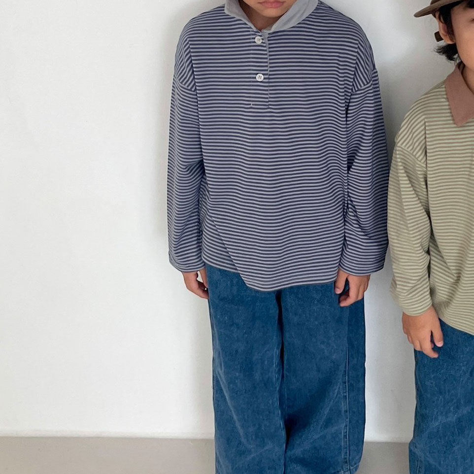 Toddler F25 Striped Contrast Collar Long Sleeve Top (3 - 7y) - 2 Colors kids outfit
