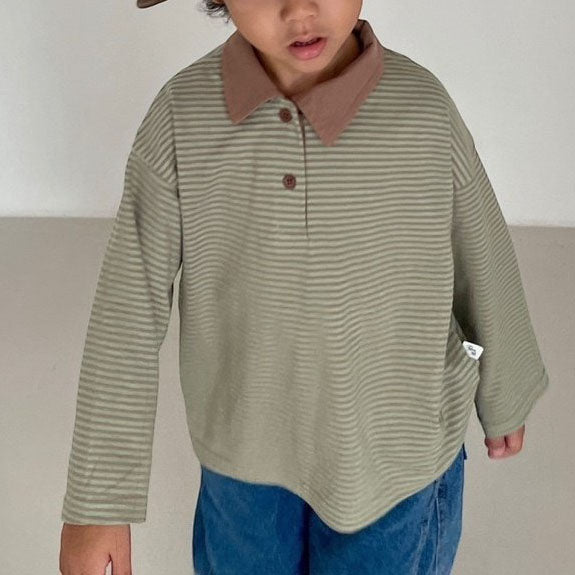 Toddler F25 Striped Contrast Collar Long Sleeve Top (3 - 7y) - 2 Colors kids outfit