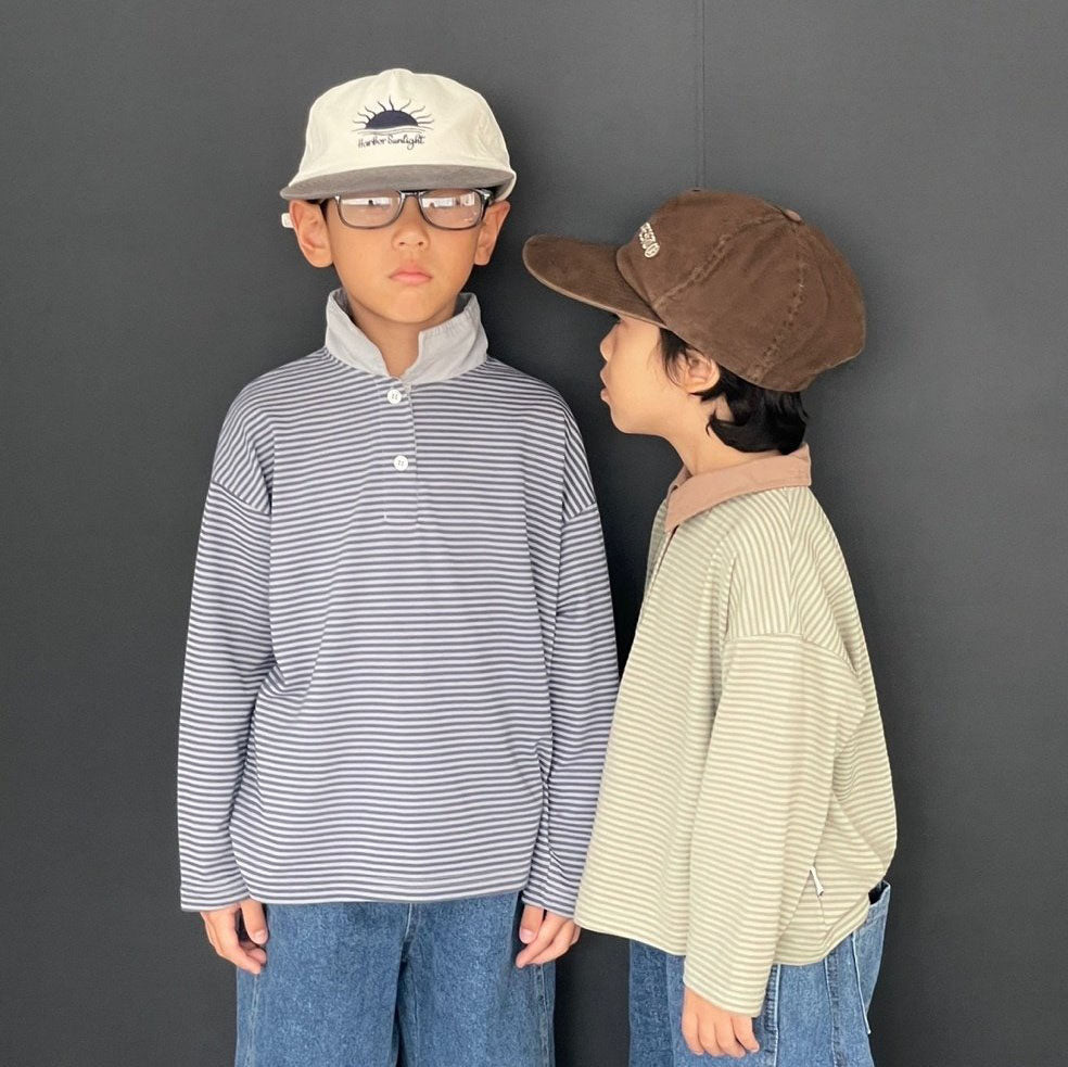 Toddler F25 Striped Contrast Collar Long Sleeve Top (3 - 7y) - 2 Colors kids outfit