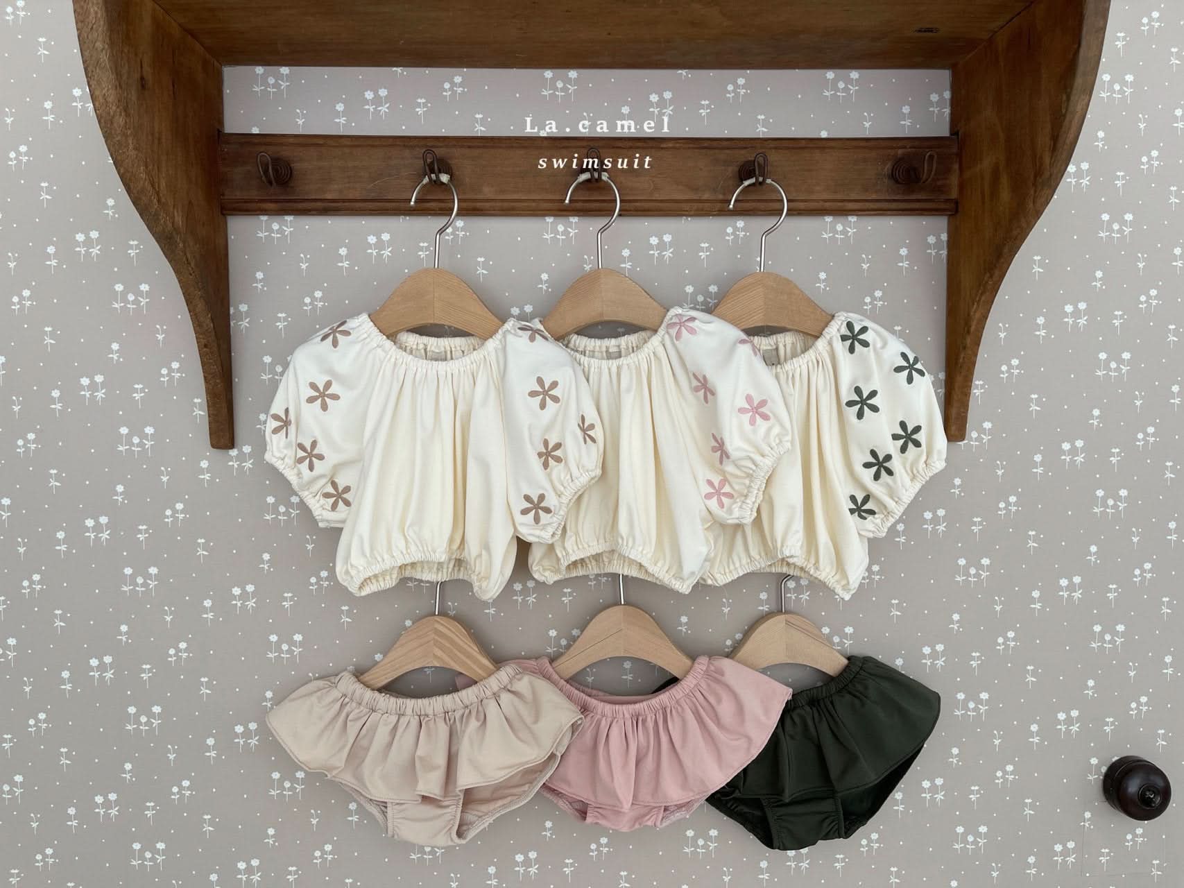 Toddler Floral Embroidery Puff Sleeve Bikini Swimsuit (1 - 4T) - 3 Colors kids outfit