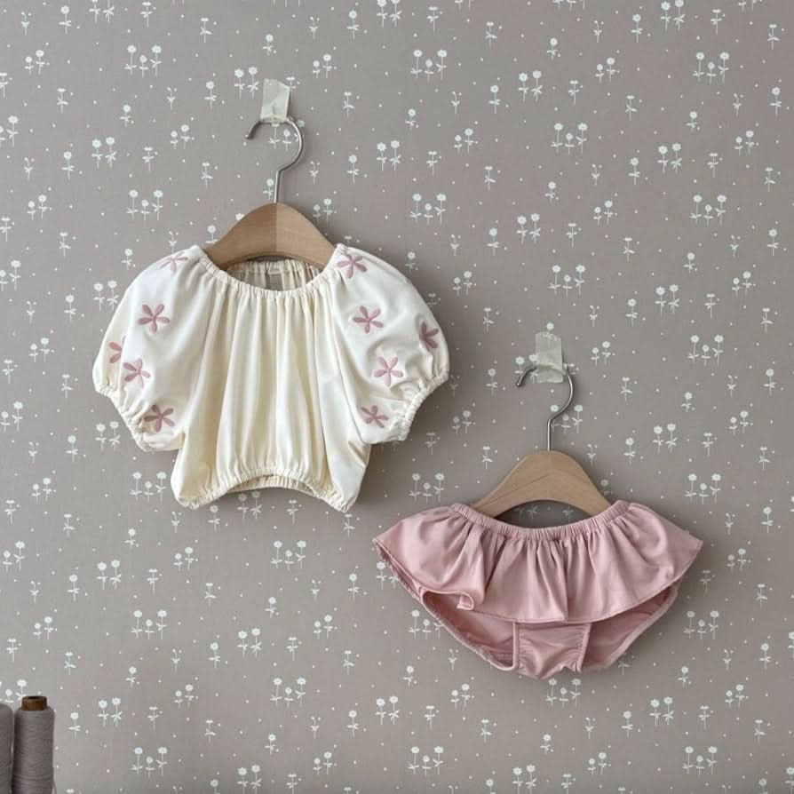 Toddler Floral Embroidery Puff Sleeve Bikini Swimsuit (1 - 4T) - 3 Colors kids outfit