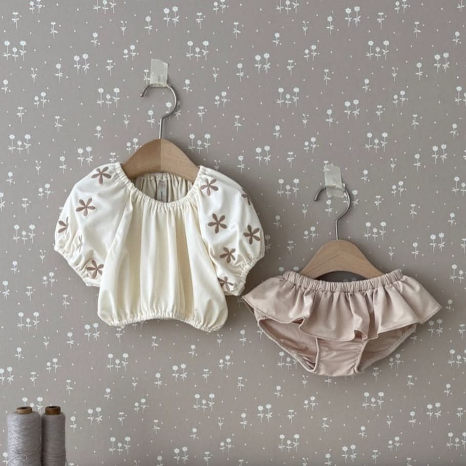 Toddler Floral Embroidery Puff Sleeve Bikini Swimsuit (1 - 4T) - 3 Colors kids outfit