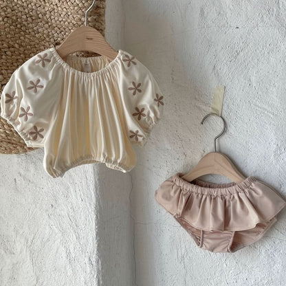 Toddler Floral Embroidery Puff Sleeve Bikini Swimsuit (1 - 4T) - 3 Colors kids outfit