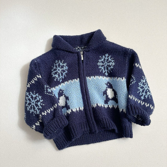 Toddler FW26 Penguin and Snowflake Jacquard Shawl Collar Zip-up Cardigan (10m-4y) - Navy kids outfit