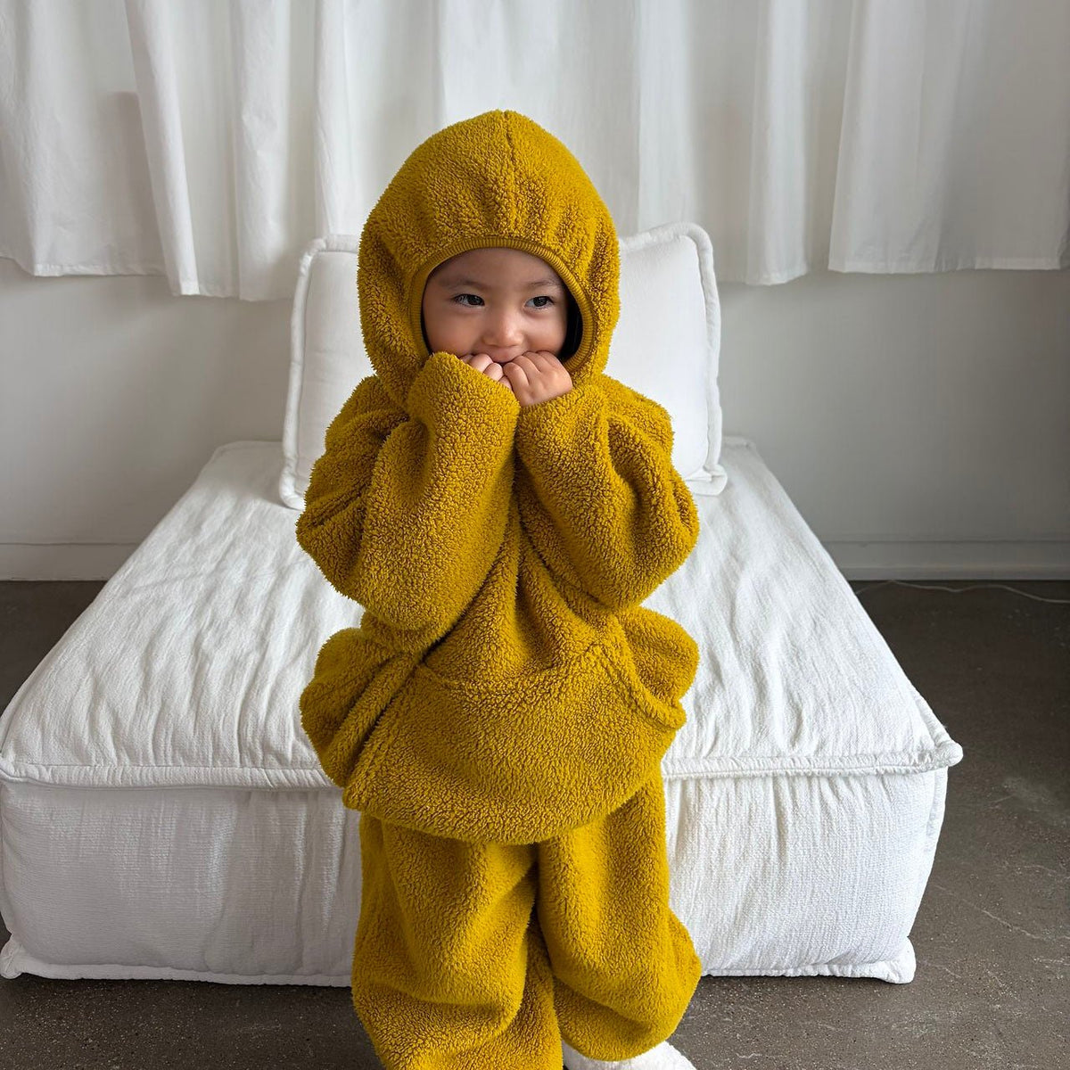 Toddler FW26 Sherpa Kangaroo Pocket Hoodie (1-7y) - Mustard kids outfit
