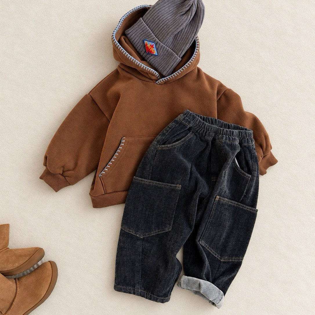 Toddler FW26 Stitch Detail Big Pocket Balloon Brushed Cotton Denim Pants (1-7y) - Blue kids outfit