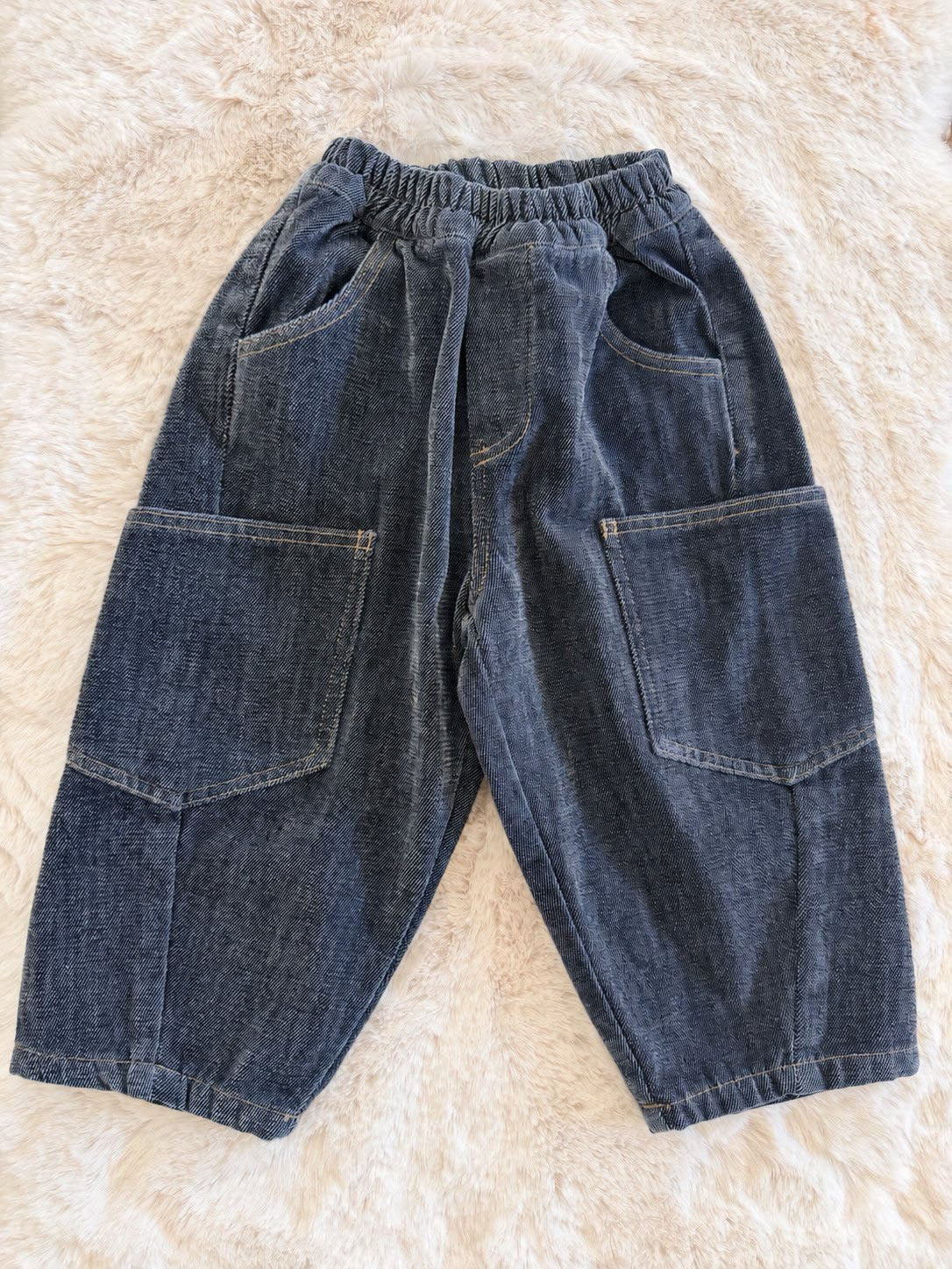 Toddler FW26 Stitch Detail Big Pocket Balloon Brushed Cotton Denim Pants (1-7y) - Blue kids outfit