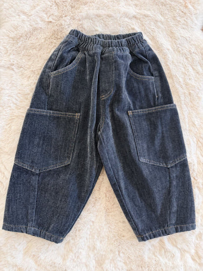 Toddler FW26 Stitch Detail Big Pocket Balloon Brushed Cotton Denim Pants (1-7y) - Blue kids outfit