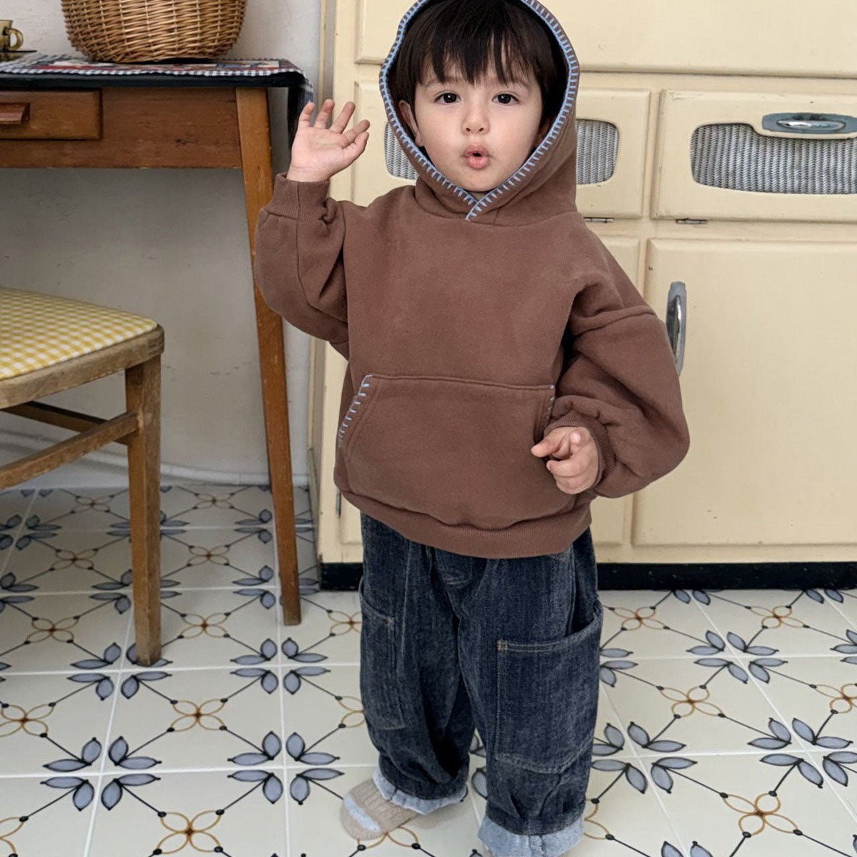 Toddler FW26 Stitch Detail Big Pocket Balloon Brushed Cotton Denim Pants (1-7y) - Blue kids outfit