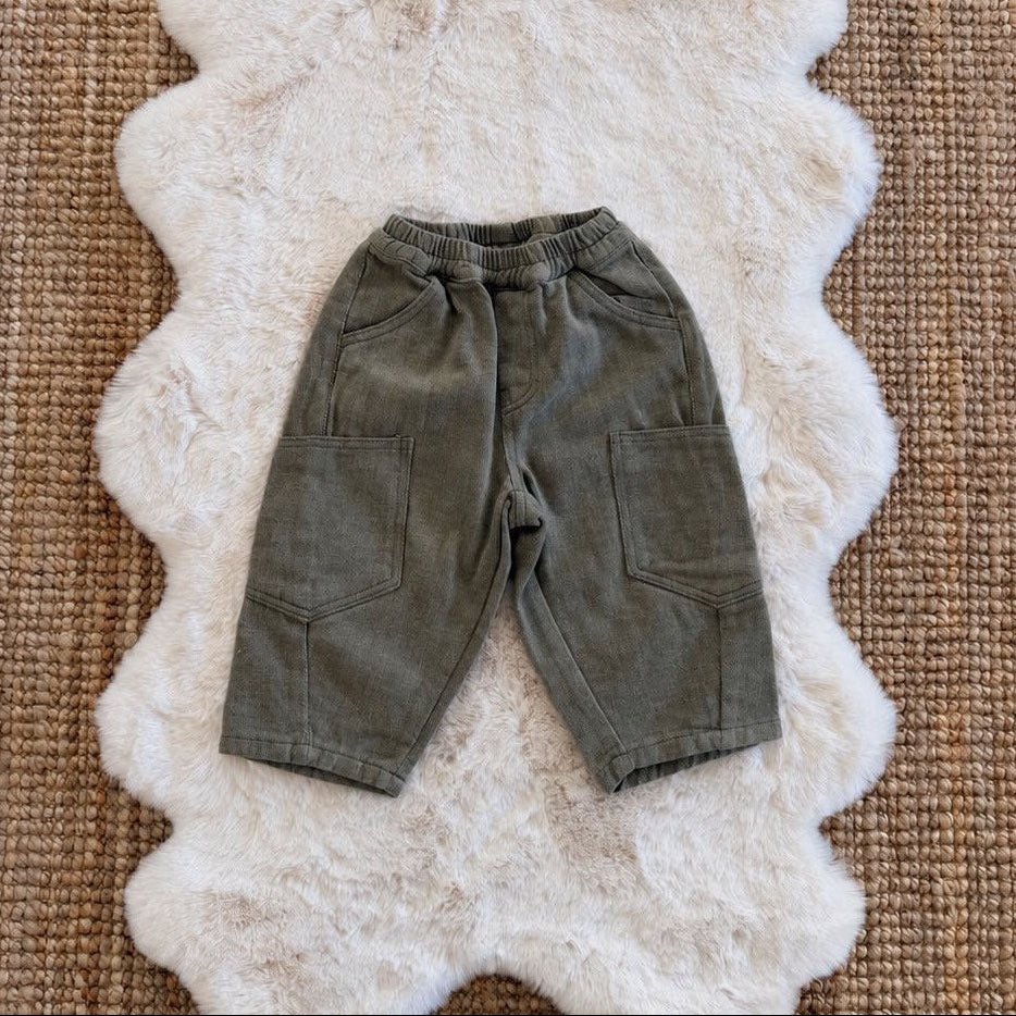 Toddler FW26 Stitch Detail Big Pocket Balloon Brushed Cotton Pants (1-7y) - Olive kids outfit