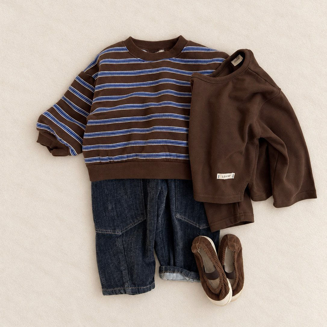 Toddler FW26 Stripe Long Sleeve Brushed Cotton Sweatshirt (1-7y) - Brown kids outfit