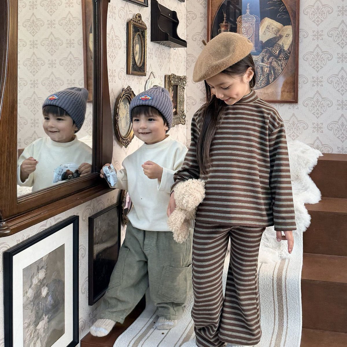 Toddler FW26 Stripe Mock Neck Long Sleeve Top (1-7y) - Brown kids outfit