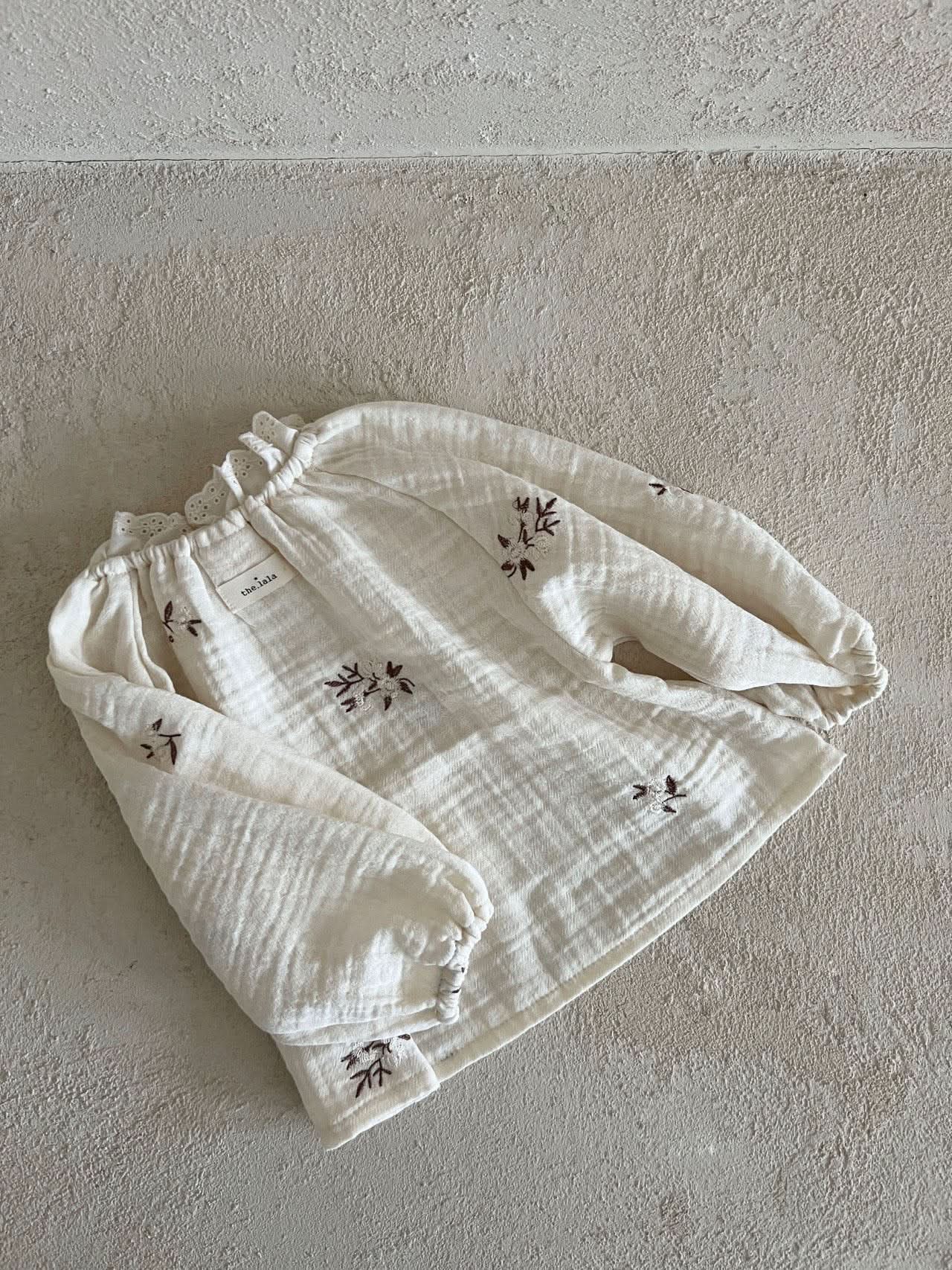 Toddler Gauze Cotton Floral Embroidery Puff Sleeve Top (1 - 6y) - Ivory kids outfit