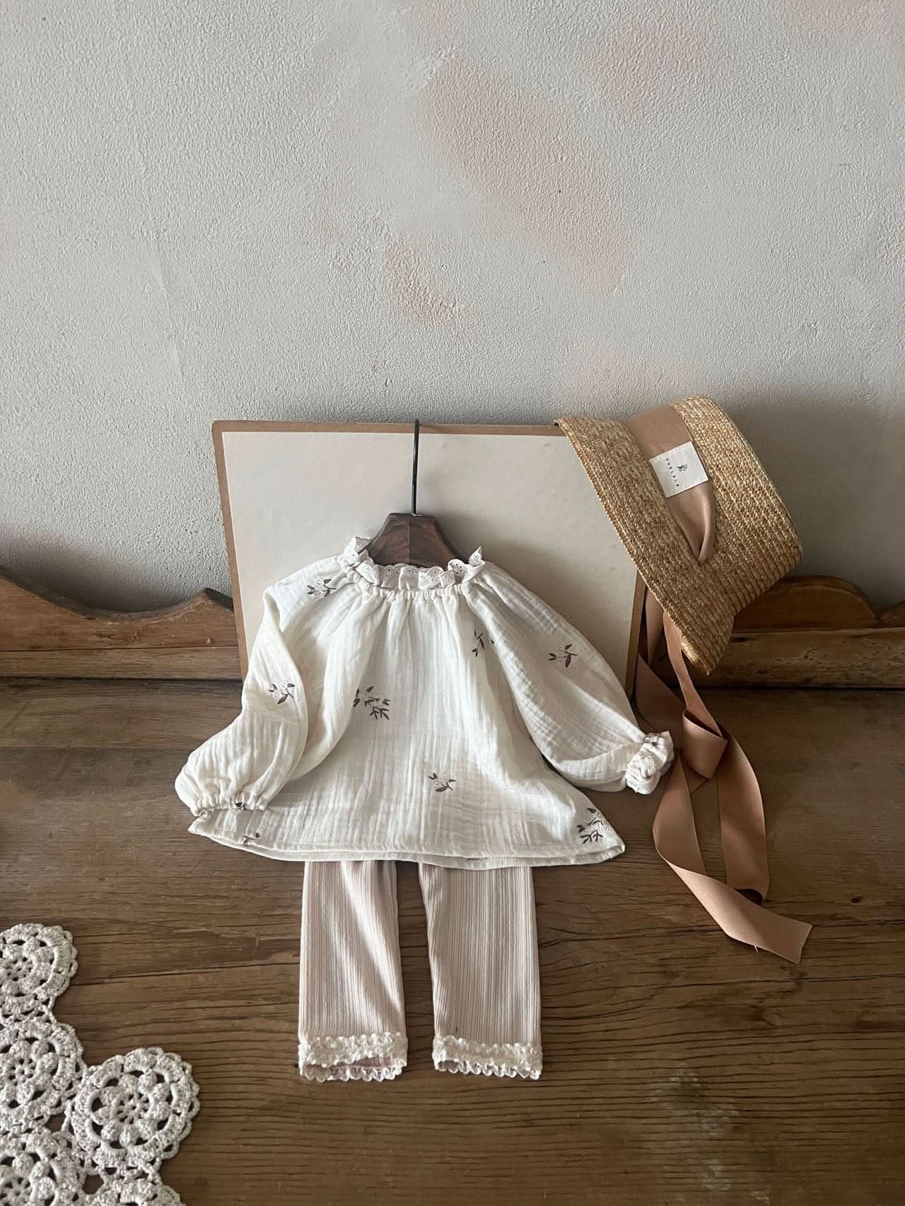Toddler Gauze Cotton Floral Embroidery Puff Sleeve Top (1 - 6y) - Ivory kids outfit